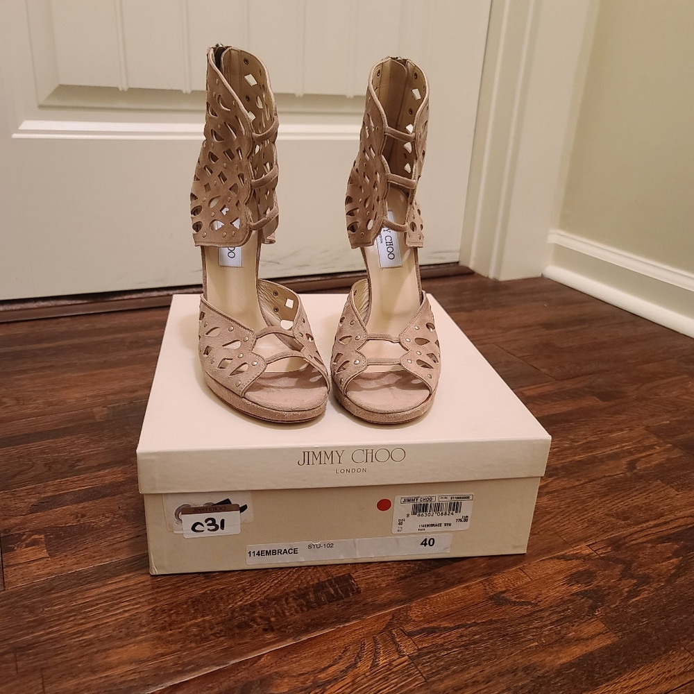 Jimmy Choo Embrace Peforated Beige Suede Sandal Size 40